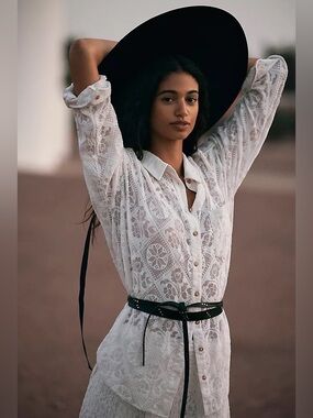 Anthro Pilcro Lace Blouse White Button Front Top Size S Boho Sheer Shirt